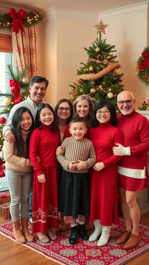 A family in festive outfits posing in front of a decorated Christmas tree, smiling and enjoying the holiday spirit.